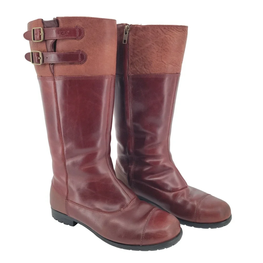 UGG Barolo Tall Leather Riding Boots Women 9 Brown Shearling Lined Equestrian